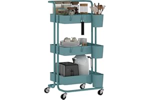 HOMCOM Carrito Auxiliar con Ruedas de 3 Niveles Carrito de Cocina con Mango 3 Cestas de Malla y 3 Cajas Colgantes Carro de Almacenamiento para Baño Salón 42x38x86,5 cm Azul Verdoso