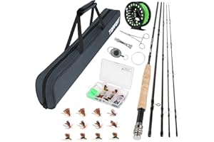 TOPFORT Fliegenfischrute und Rolle Combo Starter Kit, 4-teiliges leichtes Ultra-tragbares Graphit-Fliegenrute, komplettes Starterpaket mit Tragetasche