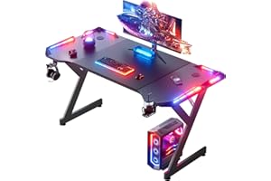HLONONE Mesa Gaming LED 120 cm × 60 cm, Ergonómico Mesa Gamer con Tablero de Fibra de Carbono, Escritorio Gaming con Alfombrillas de ratón, Portavasos y Gancho para Auriculares, Negro