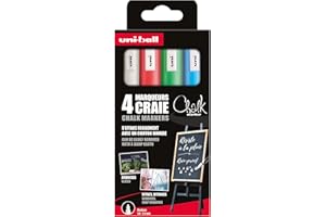 uni-ball Chalk Marker - Uni Mitsubishi Pencil - Marqueurs Craie PWE-5M - Marquage Éphémère, Résistant à la Pluie - Pointe Conique Medium, Emballage Zéro Plastique - Lot de 4 Couleurs Assorties