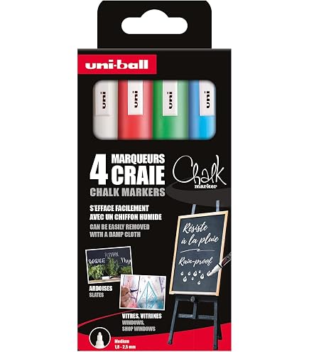 CHALK Marker - Uni-Ball - Mitsubishi Pencil - Marqueurs Craie PWE-5M - Marquage Éphémère Résistant à la Pluie - Pointe Conique Medium - Emballage Zéro Plastique - 4 Couleurs Assorties