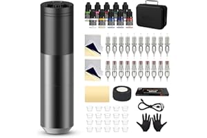 EZ TATTOO EZ Kit de Tatuaje - Kit de Máquina de Tatuar con Máquina de Tatuar Inalámbrica, Batería de Alimentación de 1500mAh, 20Pzs Agujas Tatuaje y 10 Color Tintas para Tatuadores (Lancer Gris)