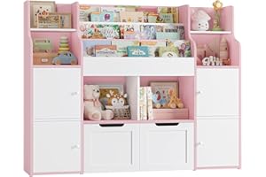 FOREHILL Toy Storage Unit 3-tier Kids Bookshelf Childrens Bookcase Kids Storage with 4 Doors, 6 Open Shelves, 2 Drawers with Wheels for Playroom Nursery Furniture 122x30x100cm White+Pink