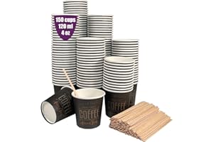 GoBeTree 150 tazze da caffè espresso in cartone usa e getta da 120 ml con agitatori da caffè in legno. tazze da caffè da portare via.