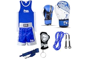 PRIME LEATHER Prime Sports Shop Ultimate Kids Boxing Uniform Set of 5 Pieces Student ages 3-14 Boxing Uniform + Boxing Wrap + Boxing Gloves + Key chain and Skipping Rope 1004 6-OZ Blue