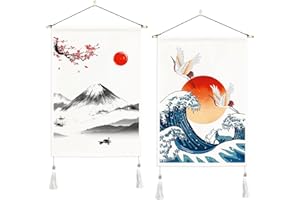 ORTIGIA 2 Pack Japanese Tapestry Mountain Fuji Tapestry Wall Hanging Great Wave Crane Tapestry Wall Art with Tassels Cherry Blossoms Sun Tapestries for Bedroom Aesthetic 14" W x 20" L (35cmx50cm)