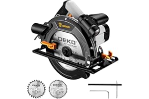 Sega circolare per legno 1400W: DEKOPRO Sierra Circular con binario guida, 2 lame da sega Ø190mm (24T + 40T), 5500RPM, Profondità massima di taglio 65mm (90°), 43mm (45°), Ideale per Tagliare Legno