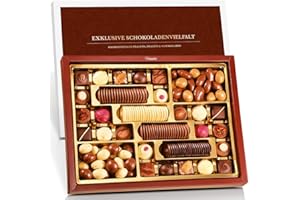 ‎PRALINENCLUB Pralinenbote - Exklusive Schokoladenvielfalt mit 24 handgefertigten Pralinen, 80 feinen Schokoladen und 235 g Schokoladen-Dragees in exklusiver Geschenkbox XXL