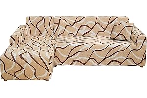 Lydevo Copridivano con Penisola Elasticizzato,Copridivano Angolare a Sinistra/Destra Universale con 2 Federi,Fodere Divano Penisola Forma di L,Chaise Longue Sofa Cover(3 Posto+4 Posti,Linee di Caffè)