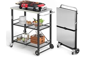 LUE BONA Grillwagen Zusammenklappbar,Grilltisch mit 2 Ablagen,Outdoorküche Beistelltisch auf Rädern,Servierwagen Für Garten Grill Camping,Edelstahl-Tischplatte