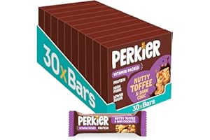 Perkier Nutty Toffee & Dark Chocolate Snack Bars (30 Pack) – Vegan – Gluten Free – Protein – High Fibre – Lower Sugar - Natural Ingredients – Lower Calorie – Healthy – No Palm Oil