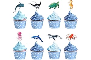 WERNNSAI Pack of 32 Ocean Cupcake Toppers - Birthday Party Cake Decorations Children Under the Sea Party Cake Decoration Sea Animals Cake Decoration Shark Muffin Decoration Birthday Decoration