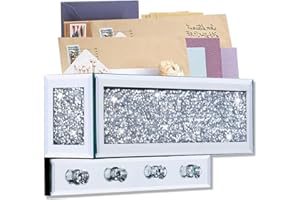 WALTSOM Crushed Diamond Key and Mail Holder for Wall, Crystal Mail Holder Wall Mount, Mirror Mail and Key Holder Wall Mount for Entryway and Home Decor