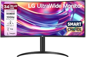 LG 34WR55QK Smartchoice 86.4 cm (34 Inch) 21:9 UltraWide WQHD (3440x1440) Curved Monitor(1800R), sRGB 99%(Typ.), HDR10, HDMI X 2, DP, USB-C (PD 65W), HP Out, PBP, Tilt/Height Adjustable Stand (Black)