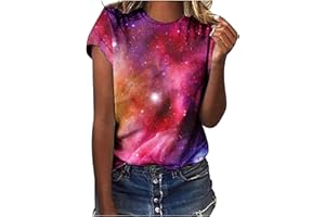 CSKJ Ausgefallene Tshirt Damen Galaxie Drucken T-Shirt Bluse Kurzarm Shirt Rundhalsausschnitt Locker Frauen Oberteile Sommer Alltag Crop Top Sport T-Shirts Teenager Mädchen Kleidung Y2k Sommerkleidung
