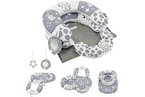 NZWBSHSSP 3-in-1 Tummy Time Mat and Seated Pillow for Infant, Sit Me Up Floor Seat with Detachable Support Pillow to Prevent Reflux, Portable Playmat for Newborn Boys and Girls(Gray Bunny)