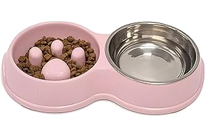 Fur & Bone Double Slow Feeder Dog Bowl | Raised Dog Bowl with Non-Slip Bottom | Stainless Steel Bowl | Detachable Raised Cat Bowl (Pink)