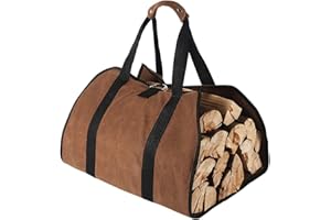 TENN WELL Large Canvas Log Carrier Bag, 38”x 18” Heavy Duty Waxed Fireplace Firewood Tote Bag for Indoor Wood Stoves Outdoor Camping (Brown)