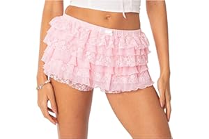 FYLOVERY Women Y2K Mini Shorts Cute Ruffle Lace Trim Layered Short Skirt Elastic Low Waist Lolita Pumpkin Pants Pleated Pettipant Bloomers