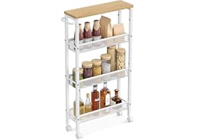 VASAGLE Carrello a 4 Ripiani, Carrello Cucina Salvaspazio con Ruote, Struttura in Acciaio, Maniglia, Carrellino Piccoli Spazi, Bagno Salotto Studio, Beige Rovere e Bianco LRC032W09