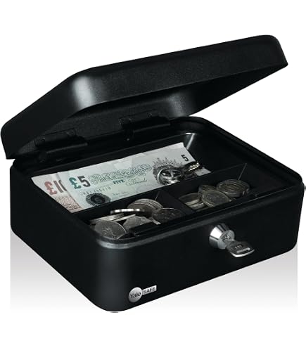 Caisse à Monnaie Verrouillable Theo&Cleo - 5 Compartiments, Boîte Acier Pour Billets Et Pièces, Avec Clé, Bureau Et événements