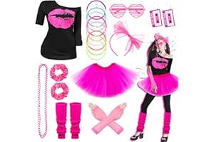 Kogmaworn 80s Fancy Dress Costumes for Women 80s Costume with T-shirt Tutu Leg Warmers Neon Accessories 1980s Fancy Dress Women Outfit for Party Hen Themed Night