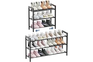 Mavivegue 3-Tier Expandable Shoe Rack, Adjustable Shoe-Rack Organizer Shelf for Closet, Metal Shoe Storage Rack for Front Door Entrance, Entryway, Closet, Black