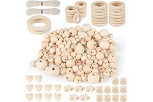 HASUDEI 204PCS Set di Perline di Legno e Anello in Legno Perline di Legno Naturale Fai da Te Perline in Legno per Braccialetti Collane Mini Perline Legno Rotonde per Decorazioni Artigianali