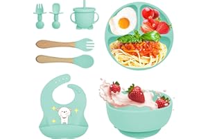 Bizcasa Set Pappa per Bambino, 8 Pezzi, Set Pappa Svezzamento per Bambini in Silicone, Senza BPA, Set di Posate per Bambini Antiscivolo con Ventosa Piatto Ciotola Tazza Bavaglino (Verde 2)