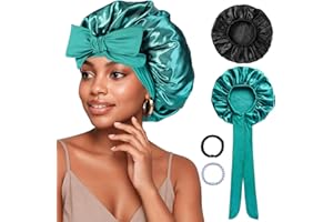‎PAEFIU 2 Stück Satin Seidenhaube zum Schlafen, Weiche Schlafhaube Seide mit 2 Haargummis Atmungsaktive Satin Haarhaube Silk Bonnet Sleep Cap für Lange Kurze Lockige Haare (Schwarz, Pfauenblau)