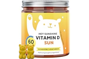 ‎BEARS WITH BENEFITS Hey Sunshine Sun Vitamin-D3-Gummibärchen – 1000 IE Vitamin D3 – Sonnenvitamin mit Depotwirkung – 60 Stück (2-Monats-Vorrat) - Zuckerfrei, Vegetarisch - Bears with Benefits