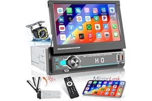 HIKITY Hkity Autoradio Bluetooth 1 din avec Écran Rétractable，7'' Écran Tactile de Poste Radio Voiture Stéréo avec Type C Bluetooth Mains Libres FM Radio TF USB Mirror Link Caméra de Recul Commande au Volant