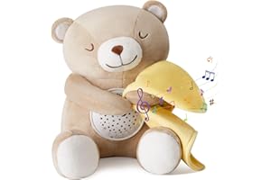 APUNOL Carillon Neonati, Peluche per Nanna, Luce Notturna Bambini Ricaricabile USB Regalo Neonate Giocattolo Teddy con Sensore di Pianto, Proiettore Stele e Rumori Bianchi