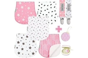 Dodo Babies Paquete de 5 paños para eructar para bebé - Paños para eructar de Muselina orgánica Suave y Absorbente - Incluye Estuche para Chupete y 2 Clips para Chupete - Colores: Rosa, Blanco y Gris