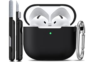 R-fun Custodia compatibile con Airpods 4th con kit di pulizia, custodia morbida in silicone con portachiavi, copertura protettiva completa compatibile con gli ultimi Airpods 4th di Apple,Nero