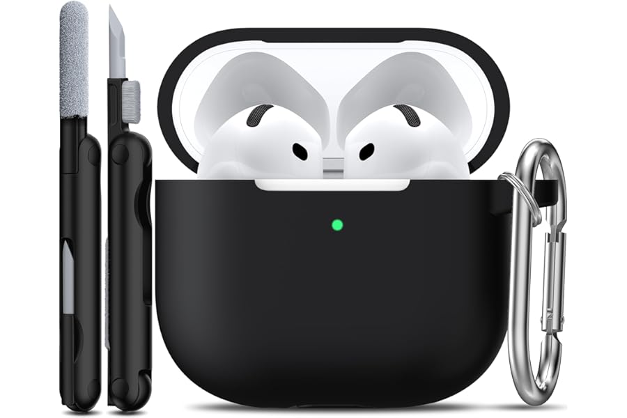 R-fun Compatible with Airpods 4th Case with Cleaning Kit, Soft Silicone Case with Keychain, Full Protective Case for Men and Women, Compatible with Apple Latest Airpods 4th,Black