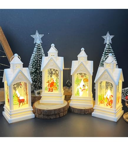 Lanternes LED De Noël - Lot De 2 (Père Noël Rose Et Bonhomme De Neige) - 17,5 Cm - Fonctionne Sur Piles - Décoration Intérieure
