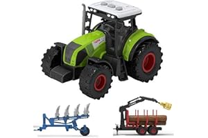 LioMaxi Scala 1:36 macchinina agricola inerziale per bambini, trinciacaricatrice, azienda agricola, agricoltura，3 effetti sonori simulati, luci, trattore + 2 rimorchi (Trattore + morsetto per legno)