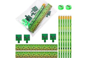 Unvtap Pixel Schreibwaren Set 14 Stück Miner Bleistifte mit Radiergummi, Lineal, Anspitzer, Pixel Stifte Set für Schulanfang, Geschenk & Miner Theme Gastgeschenke für Kindergeburtstag
