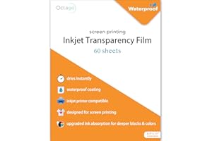 Octago Waterproof Inkjet Transparency Film for Screen Printing (60 Pack) Transparency Paper for Inkjet Printers - Print Color Transparent Paper Designed For Silk Screen Printing (8.5x11 Inches)