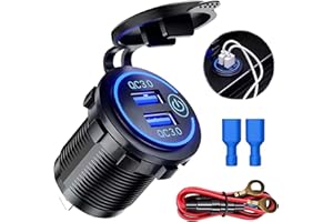 LEIBOCHAO QC3.0 Presa USB per Auto Doppio USB con Interruttore Touch 12V / 24V 36W 2 Porte Quick Charge 3.0 Caricabatteria Presa USB Impermeabile LED Indicazione, con interruttore, presa accendisigari, Moto,blu