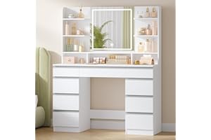 Hzuaneri Große Schminktisch mit LED-Beleuchtung, 3 Farben, Helligkeitsregulierung, Schminktisch mit Spiegel, 9 Schubladen, 9 offenen Ablagen, Moderner Stil, Weiß-Silber DT41903W