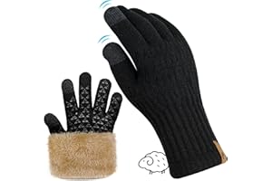 qpyysz Handschuhe Herren Damen Winter Warm Freezer Thermo Schwarze Handschuhe Merino Wolle Doppelschicht Fleece Touchscreen Outdoor Strickhandschuhe Rutschfeste Fleecefutter