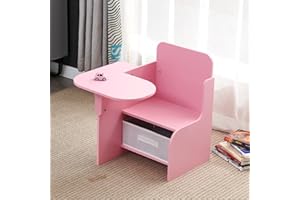 MeJa Kids Table & Chair Set, Children's Wooden Writing Desk Set with Storage Bin, Junior Toddler Study Table & Chair for Ages 3+, 2 in 1 Children's Furniture Boys & Girls Gift, Pink