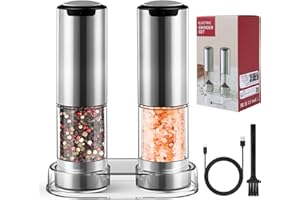 SPOFAN Moulins à Poivre Électriques en Acier Inoxydable Rechargeables avec Lumière LED, Grossièreté Réglable, Grande Capacité 95ml, Moulin à Sel et Poivre Automatique pour Cuisine, Restaurant, Extérieur