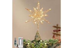 Lewondr Estrella para Árbol de Navidad, 13,78'' Metal 3D Geométrico 30 Luces LED, Mando a Distancia USB, Estrella Multipuntas Brillante, 8 Modos Luz Temporizador 6H, Decoración Navideña Hogar, Dorado