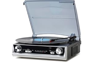PROSUCO Vintage All-in-One Record Player with Built-in Speakers, 3-Speed 33/45/78 RPM Turntable, FM Radio, RCA & Headphone Output, Black Wood Finish