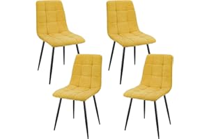 JIJIAN Lot de 4 Chaises de Salle à Manger, Chaises Tapissées en Tissu de Lin et Pieds en Métal Noir, Design en Damier, pour Salle de Séjour Chambre à Coucher Cuisine Salon Réception, Jaune