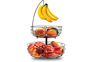 COMOYA Cesto per frutta a 2 piani in filo metallico con supporto a banana, contenitore per frutta e verdura, in piedi, per la cucina quotidiana, cestino per la frutta (nero)