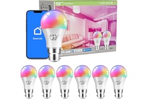 GY Ampoule Connectée Bluetooth Mesh LED B22 A60 6.5W 1050LM, Intelligente Dimmable Ampoule Multicouleurs RGB + Blanc Chaud/Froid 2700K-6500K, Changement de couleur synchronisé avec la musique,Lot de 6